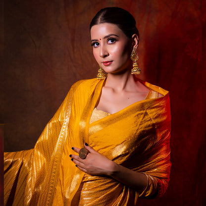 Warm Silk Dark Gold Color Gap Border With Strip Banarasi Gap Border Saree