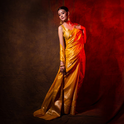 Warm Silk Dark Gold Color Gap Border With Strip Banarasi Gap Border Saree