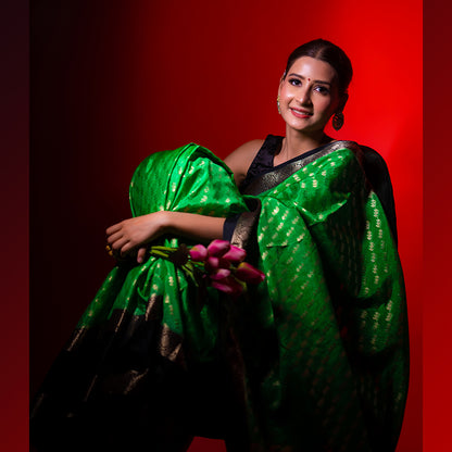 Green Warm Silk Zari Digonal Strip Banarasi Diable Skirt Border Saree