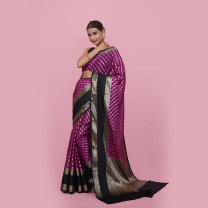 Purple Warm Silk Zari Digonal Strip Banarasi Diable Skirt Border Saree