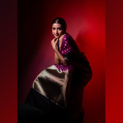Purple Warm Silk Zari Digonal Strip Banarasi Diable Skirt Border Saree