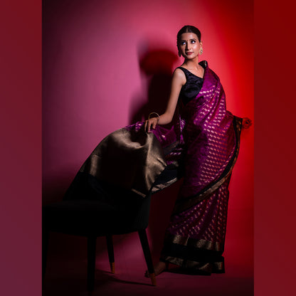 Purple Warm Silk Zari Digonal Strip Banarasi Diable Skirt Border Saree