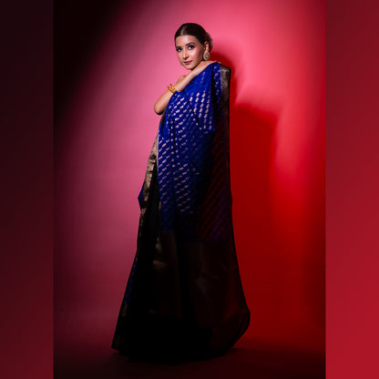 Violet Warm Silk Zari Digonal Strip Banarasi Diable Skirt Border Saree