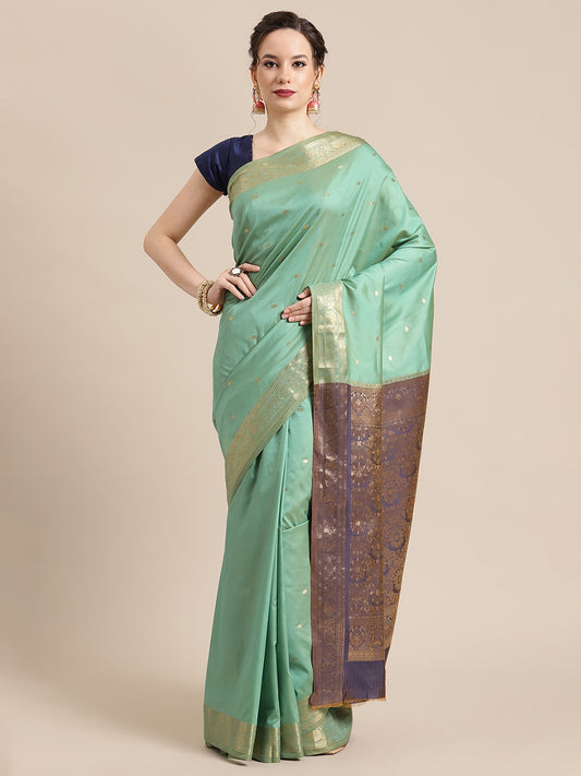 Faishana Handwoven Seagreen Valkalam Katan Silk Booti Zari Border With Grey Blouse Banarasi Saree
