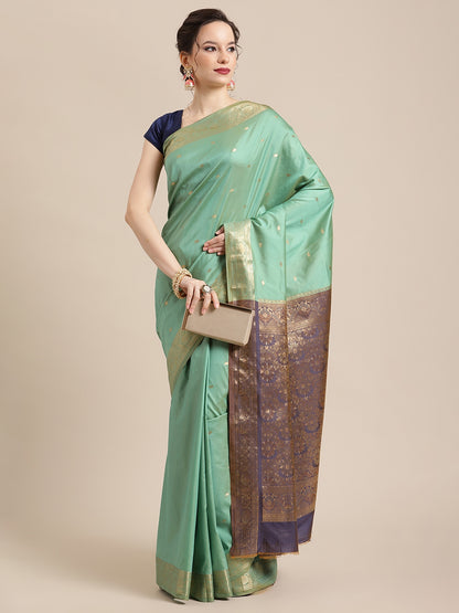 Faishana Handwoven Seagreen Valkalam Katan Silk Booti Zari Border With Grey Blouse Banarasi Saree