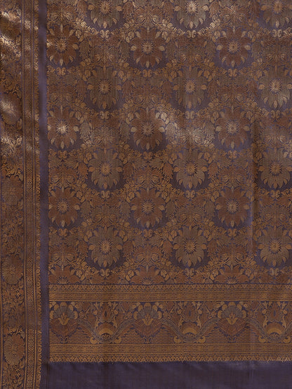 Faishana Handwoven Seagreen Valkalam Katan Silk Booti Zari Border With Grey Blouse Banarasi Saree