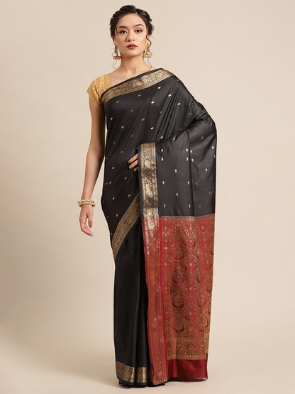 Faishana Handwoven Black Valkalam Katan Silk Booti Zari Border With Maroon Blouse Banarasi Saree