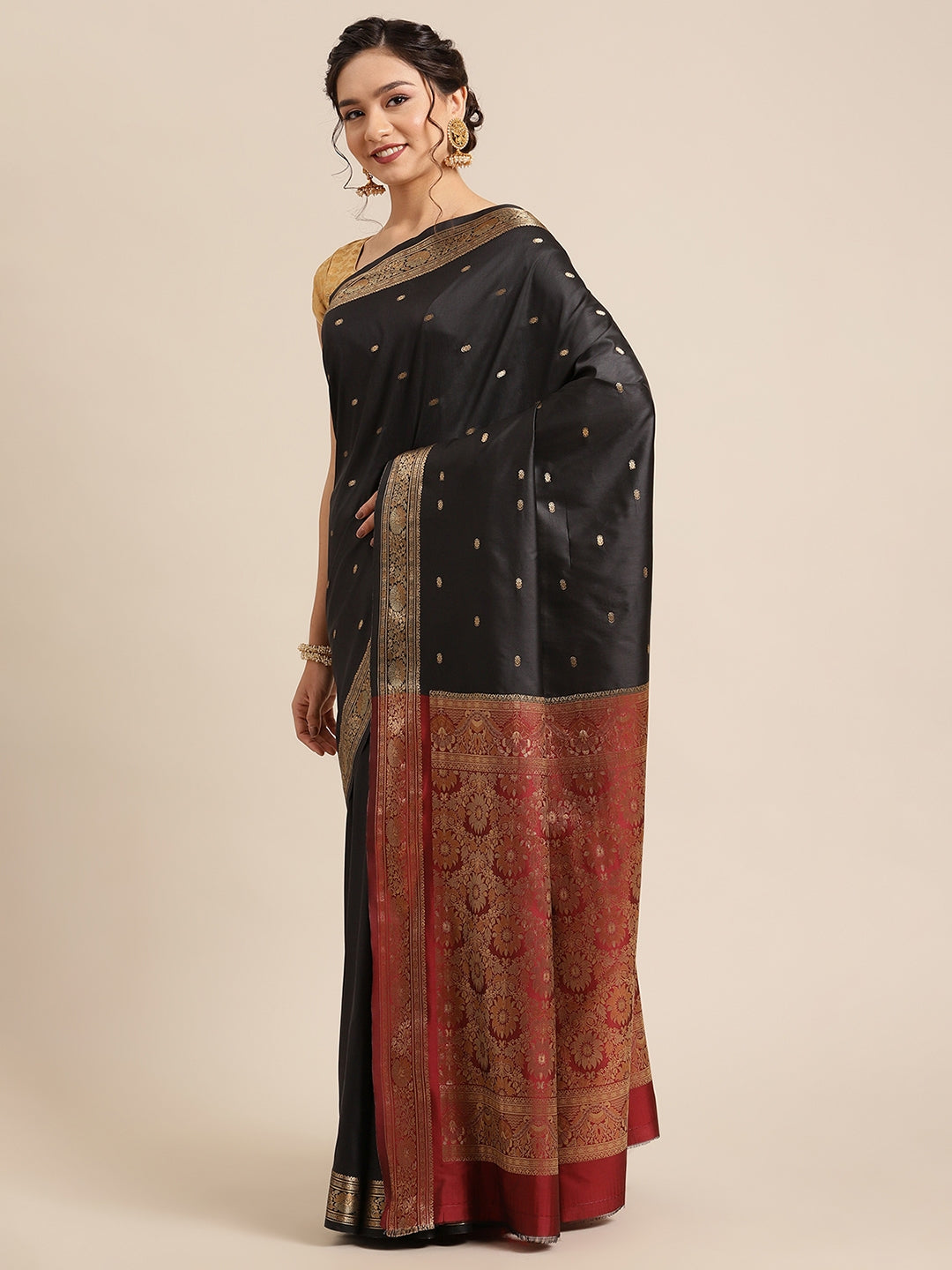 Faishana Handwoven Black Valkalam Katan Silk Booti Zari Border With Maroon Blouse Banarasi Saree