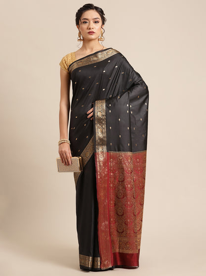 Faishana Handwoven Black Valkalam Katan Silk Booti Zari Border With Maroon Blouse Banarasi Saree
