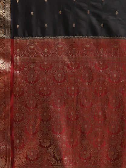 Faishana Handwoven Black Valkalam Katan Silk Booti Zari Border With Maroon Blouse Banarasi Saree