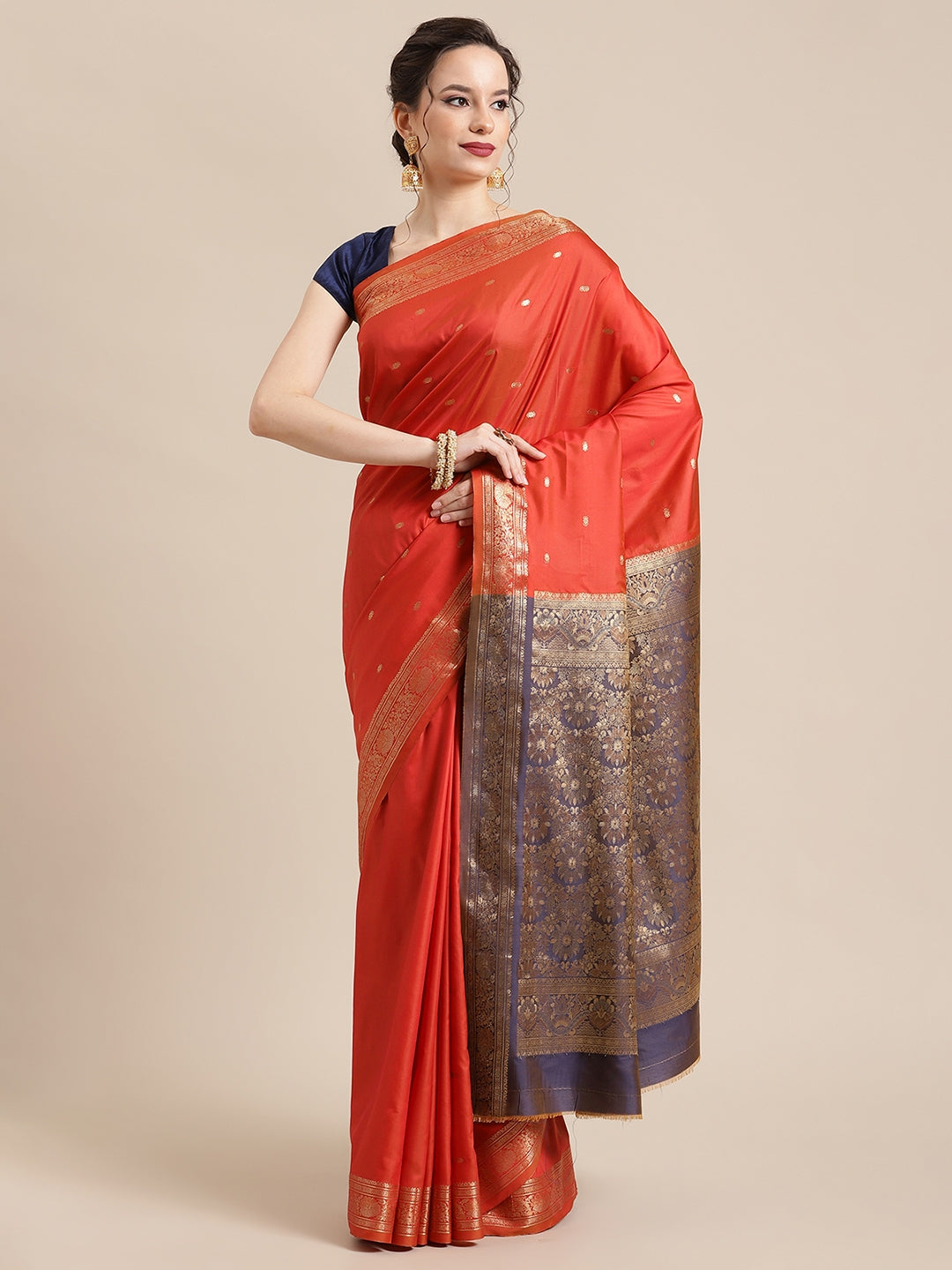 Faishana Handwoven Rust Valkalam Katan Silk Booti Zari Border With Grey Blouse Banarasi Saree