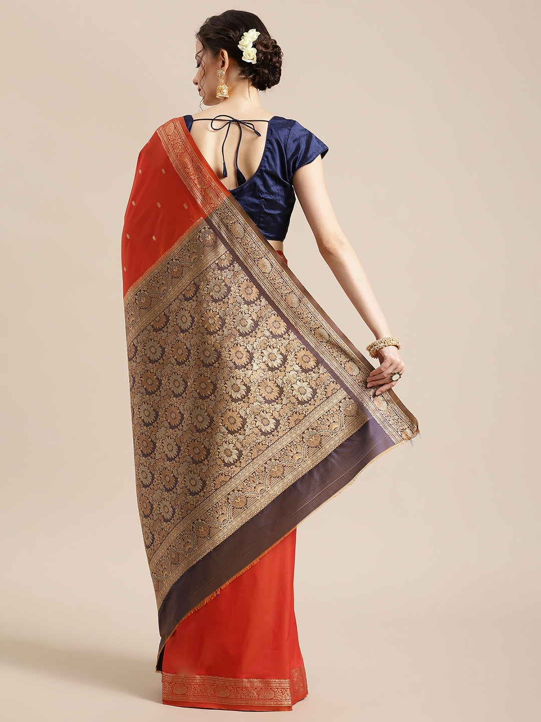 Faishana Handwoven Rust Valkalam Katan Silk Booti Zari Border With Grey Blouse Banarasi Saree