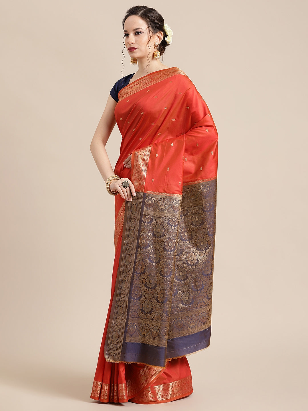Faishana Handwoven Rust Valkalam Katan Silk Booti Zari Border With Grey Blouse Banarasi Saree