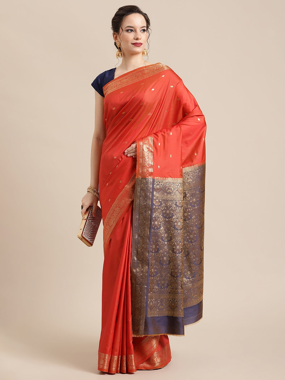 Faishana Handwoven Rust Valkalam Katan Silk Booti Zari Border With Grey Blouse Banarasi Saree