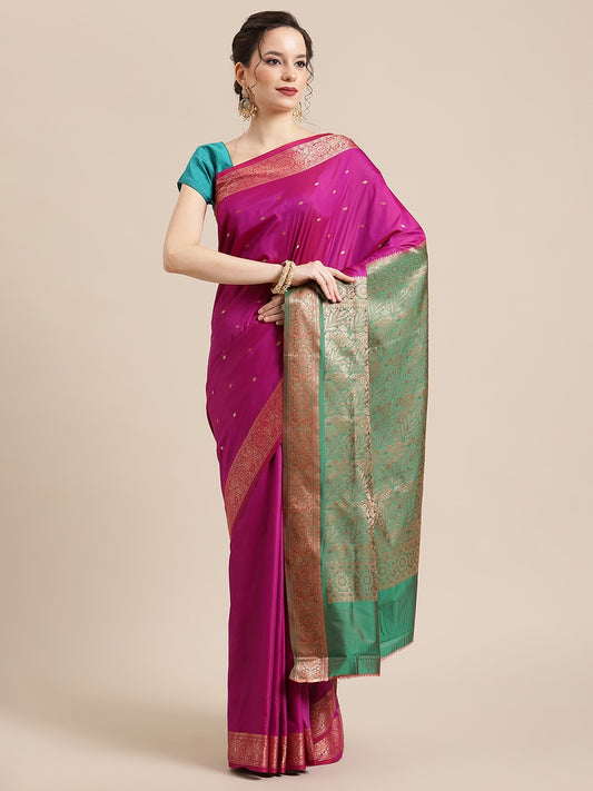 Faishana Handwoven Purple Valkalam Katan Silk Booti Border With Green Blouse Banarasi Saree