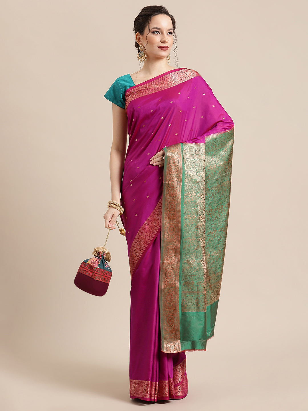 Faishana Handwoven Purple Valkalam Katan Silk Booti Border With Green Blouse Banarasi Saree
