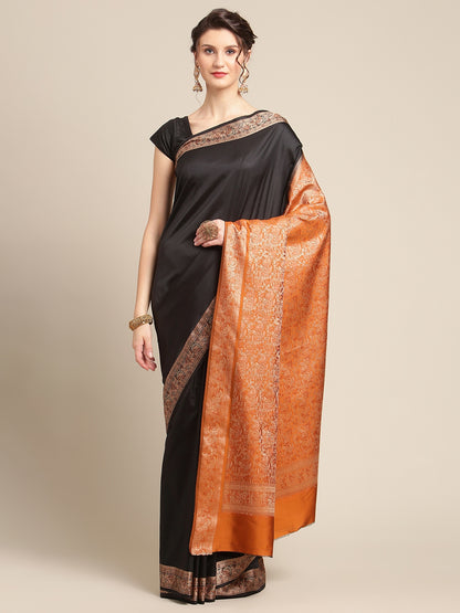 Faishana Handwoven Black Valkalam Katan Silk Plain Resham Border With Mustard Blouse Banarasi Saree
