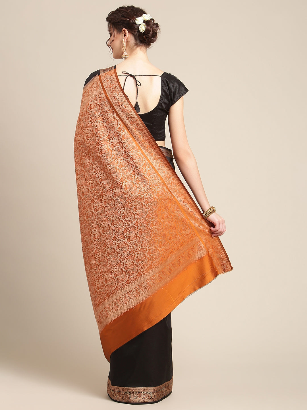 Faishana Handwoven Black Valkalam Katan Silk Plain Resham Border With Mustard Blouse Banarasi Saree