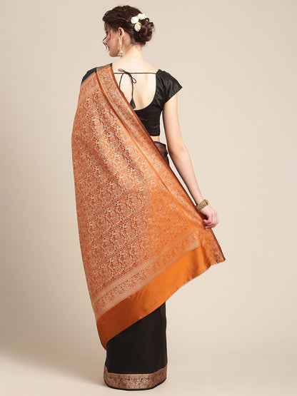 Faishana Handwoven Black Valkalam Katan Silk Plain Resham Border With Mustard Blouse Banarasi Saree