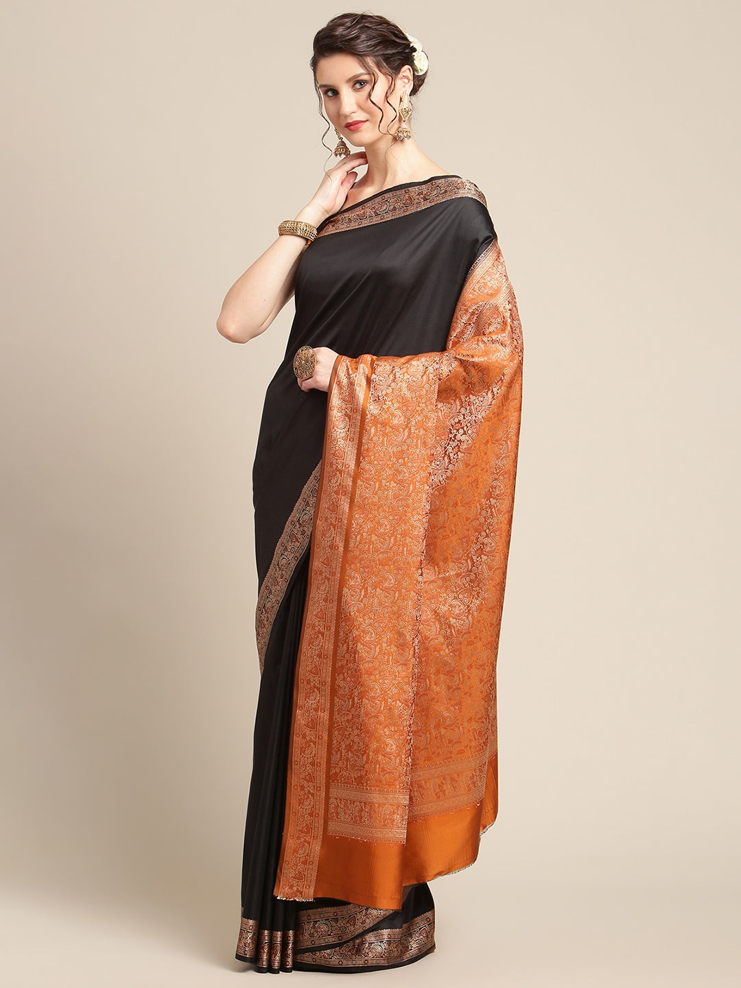 Faishana Handwoven Black Valkalam Katan Silk Plain Resham Border With Mustard Blouse Banarasi Saree