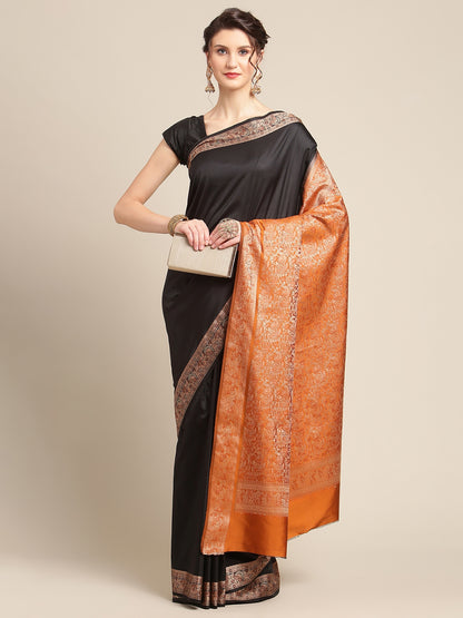 Faishana Handwoven Black Valkalam Katan Silk Plain Resham Border With Mustard Blouse Banarasi Saree