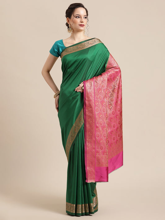 Faishana Handwoven Green Valkalam Katan Silk Plain Resham Border With Pink Blouse Banarasi Saree