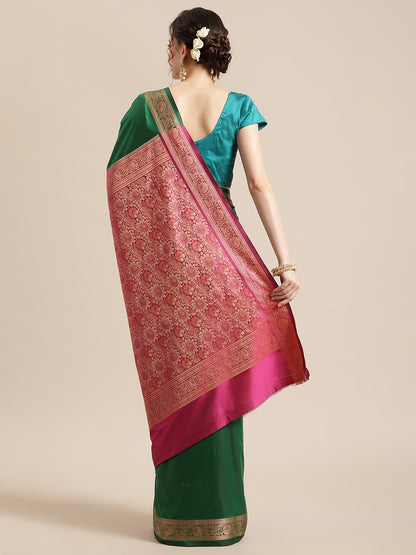 Faishana Handwoven Green Valkalam Katan Silk Plain Resham Border With Pink Blouse Banarasi Saree