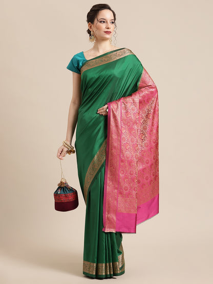 Faishana Handwoven Green Valkalam Katan Silk Plain Resham Border With Pink Blouse Banarasi Saree