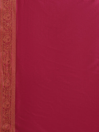 Faishana Handwoven Green Valkalam Katan Silk Plain Resham Border With Pink Blouse Banarasi Saree