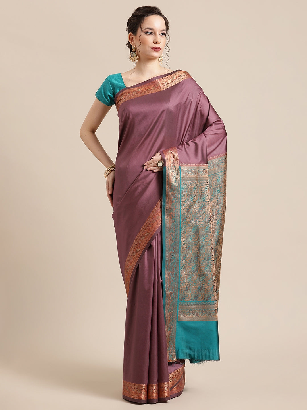 Faishana Handwoven Mauve Valkalam Katan Silk Plain Resham Border With Seagreen Blouse Banarasi Saree