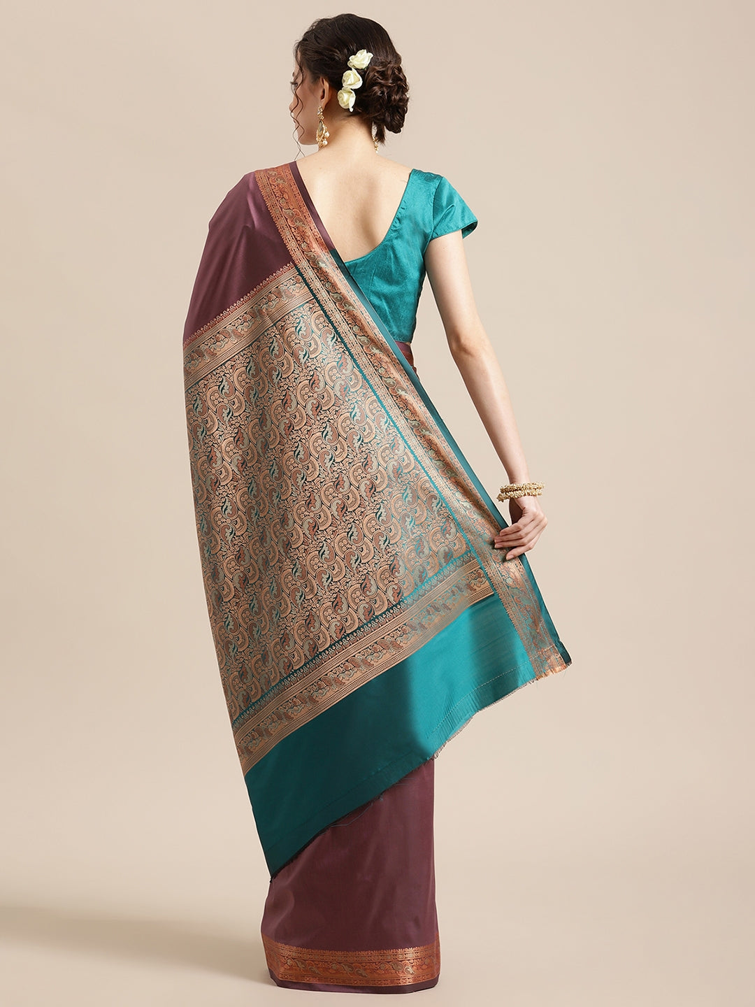 Faishana Handwoven Mauve Valkalam Katan Silk Plain Resham Border With Seagreen Blouse Banarasi Saree