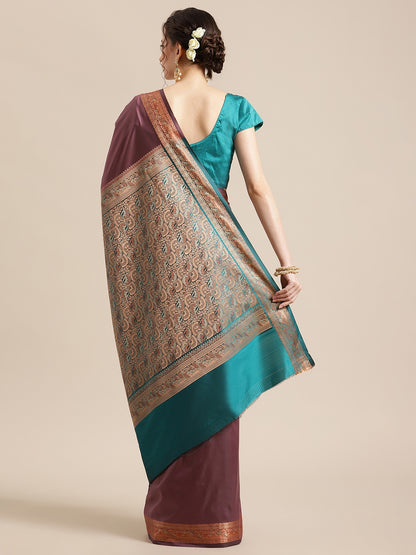 Faishana Handwoven Mauve Valkalam Katan Silk Plain Resham Border With Seagreen Blouse Banarasi Saree