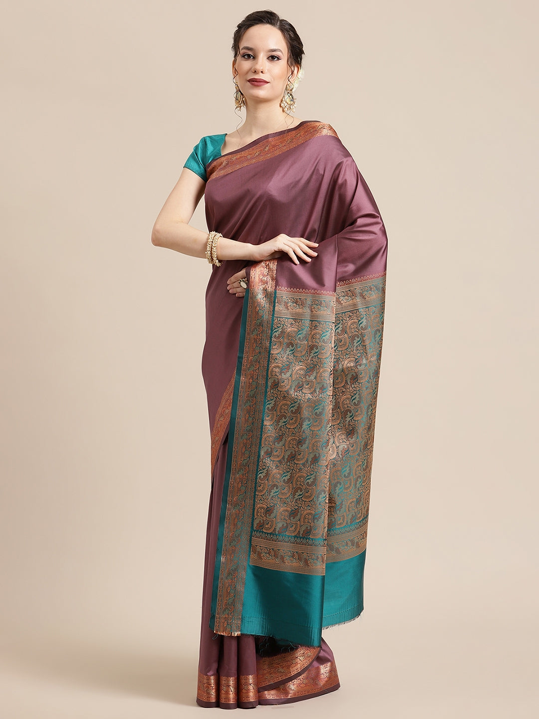 Faishana Handwoven Mauve Valkalam Katan Silk Plain Resham Border With Seagreen Blouse Banarasi Saree