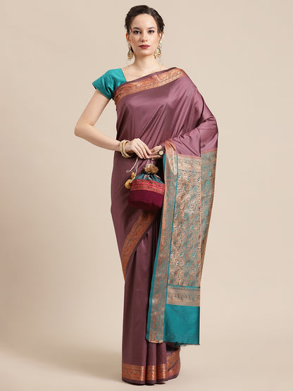 Faishana Handwoven Mauve Valkalam Katan Silk Plain Resham Border With Seagreen Blouse Banarasi Saree