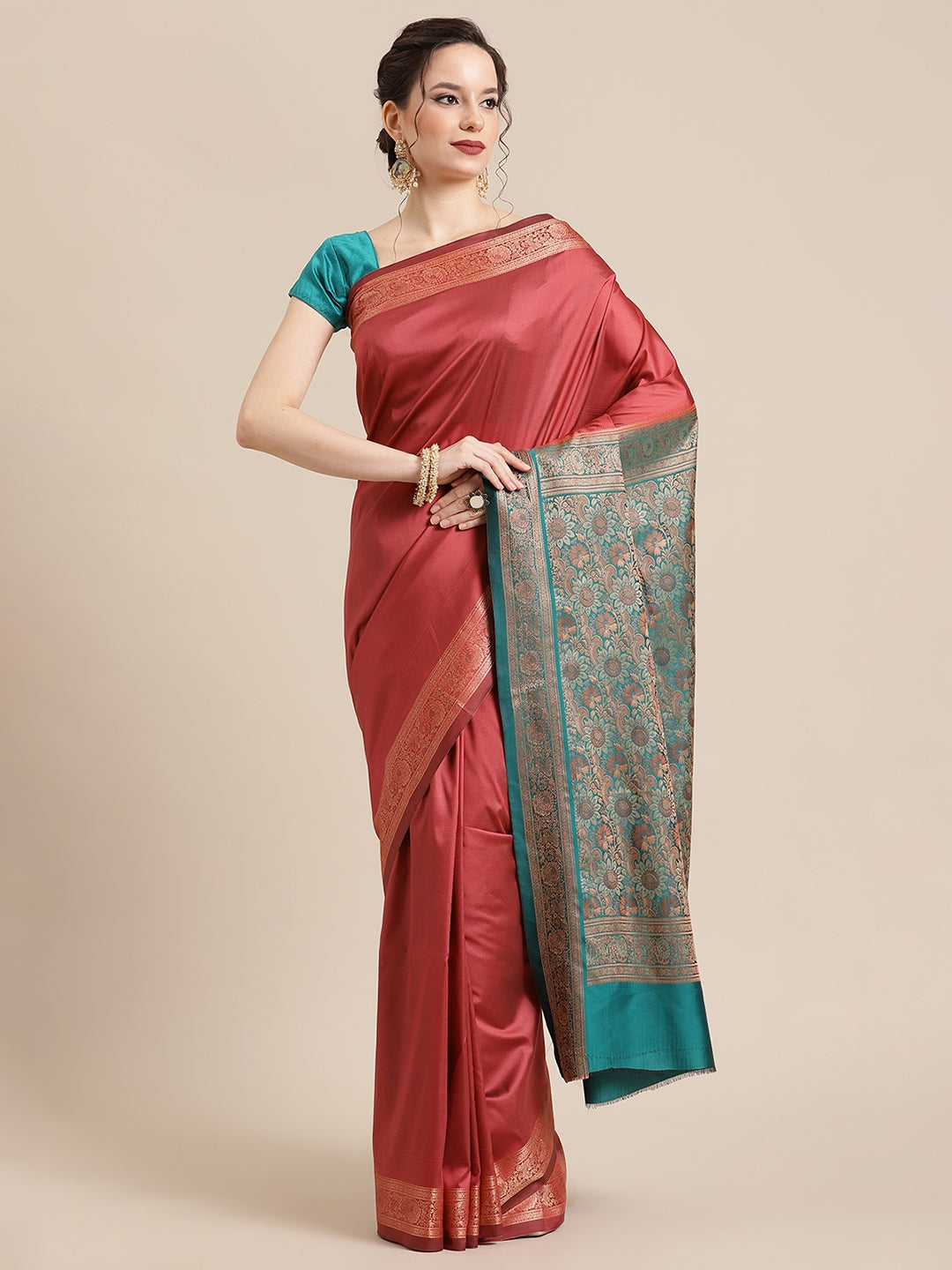 Faishana Handwoven Light Brown Valkalam Katan Silk Plain Resham Border With Seagreen Blouse Banarasi Saree