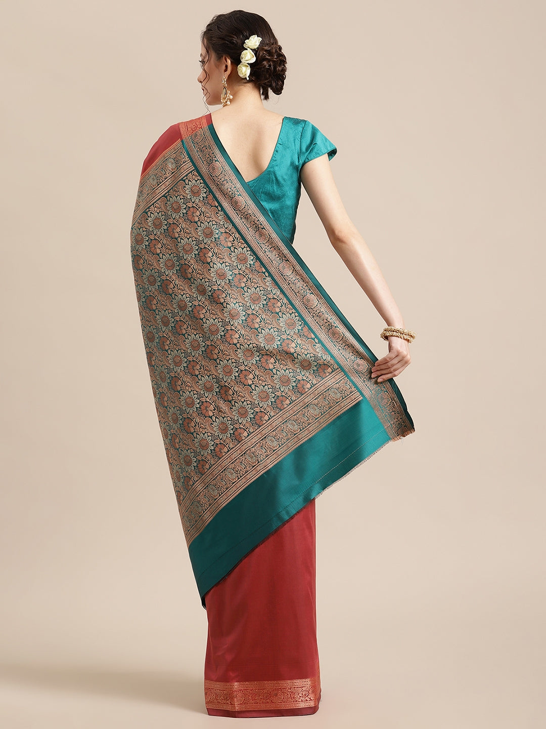 Faishana Handwoven Light Brown Valkalam Katan Silk Plain Resham Border With Seagreen Blouse Banarasi Saree