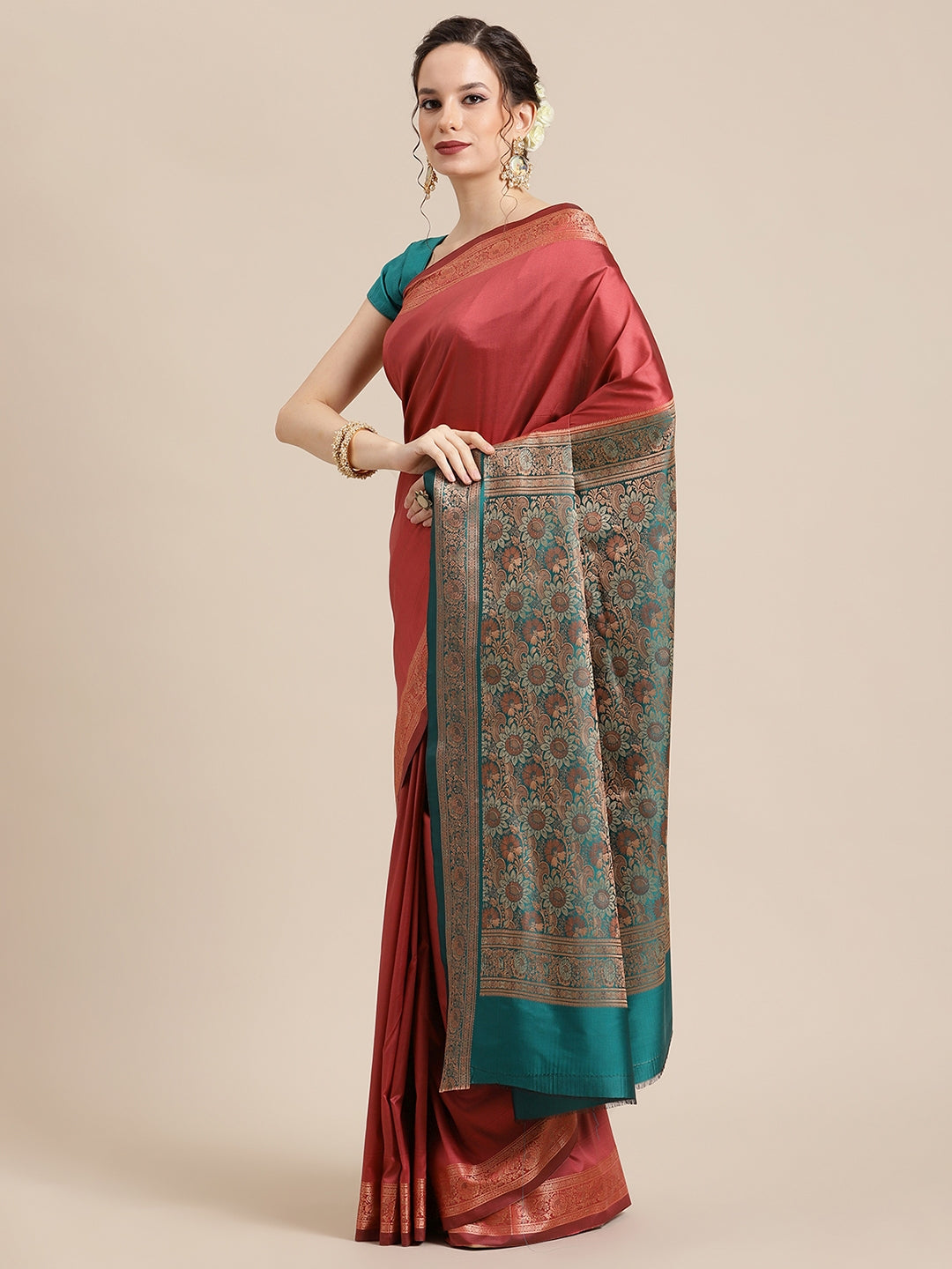 Faishana Handwoven Light Brown Valkalam Katan Silk Plain Resham Border With Seagreen Blouse Banarasi Saree