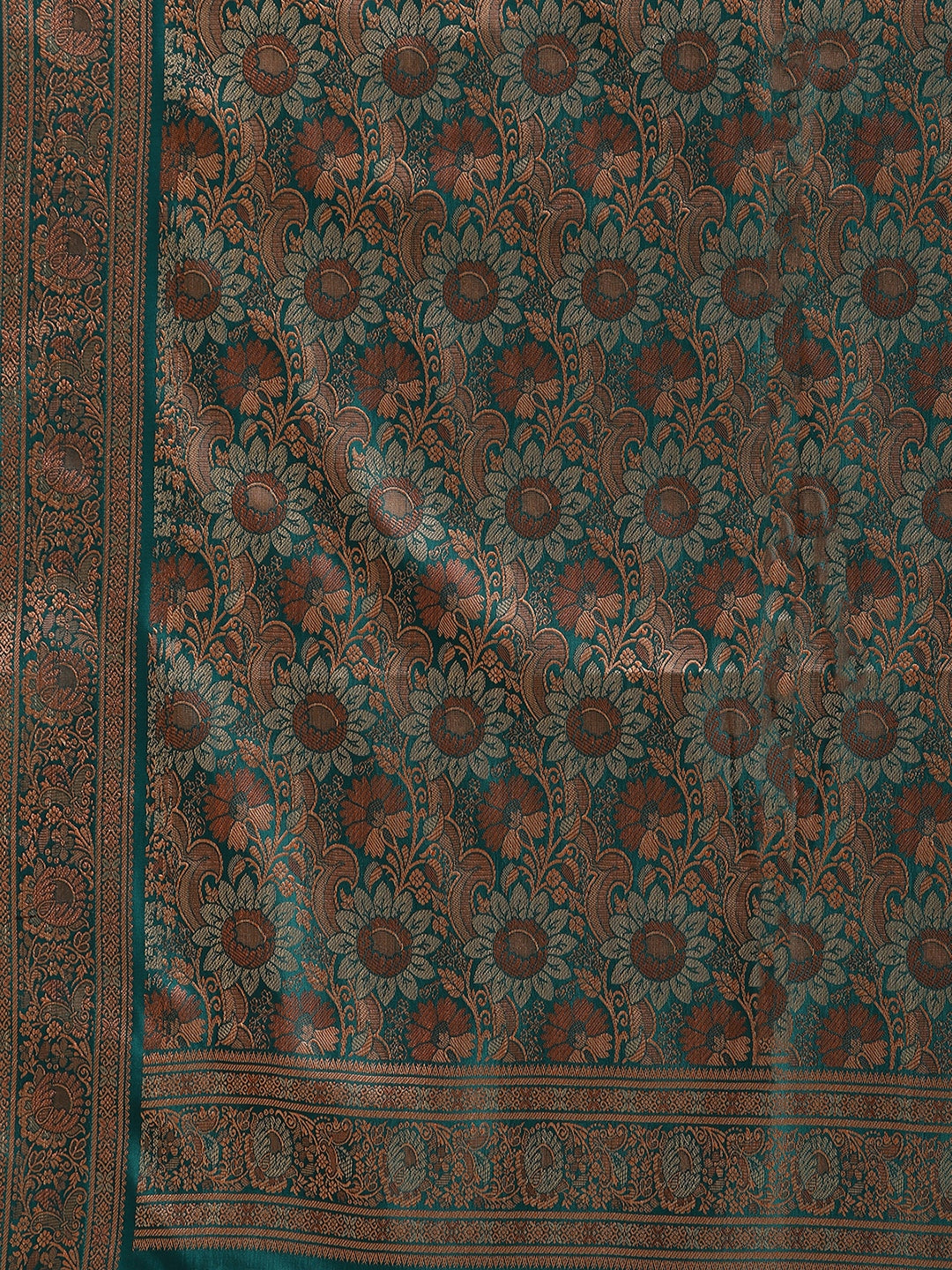 Faishana Handwoven Light Brown Valkalam Katan Silk Plain Resham Border With Seagreen Blouse Banarasi Saree