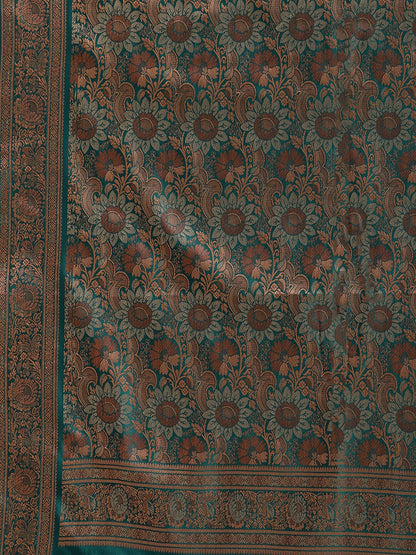 Faishana Handwoven Light Brown Valkalam Katan Silk Plain Resham Border With Seagreen Blouse Banarasi Saree