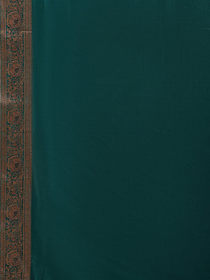 Faishana Handwoven Light Brown Valkalam Katan Silk Plain Resham Border With Seagreen Blouse Banarasi Saree