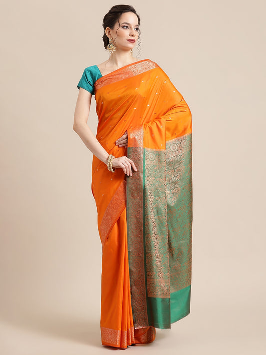 Faishana Handwoven Orange Valkalam Katan Silk Booti Border With Green Blouse Banarasi Saree