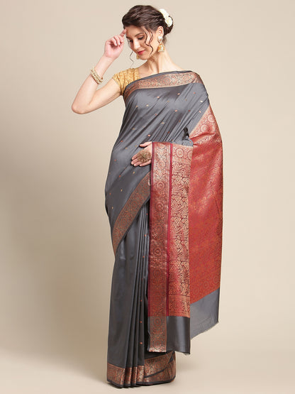 Faishana Handwoven Grey Valkalam Katan Silk Booti Border With Maroon Blouse Banarasi Saree