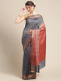 Faishana Handwoven Grey Valkalam Katan Silk Booti Border With Maroon Blouse Banarasi Saree