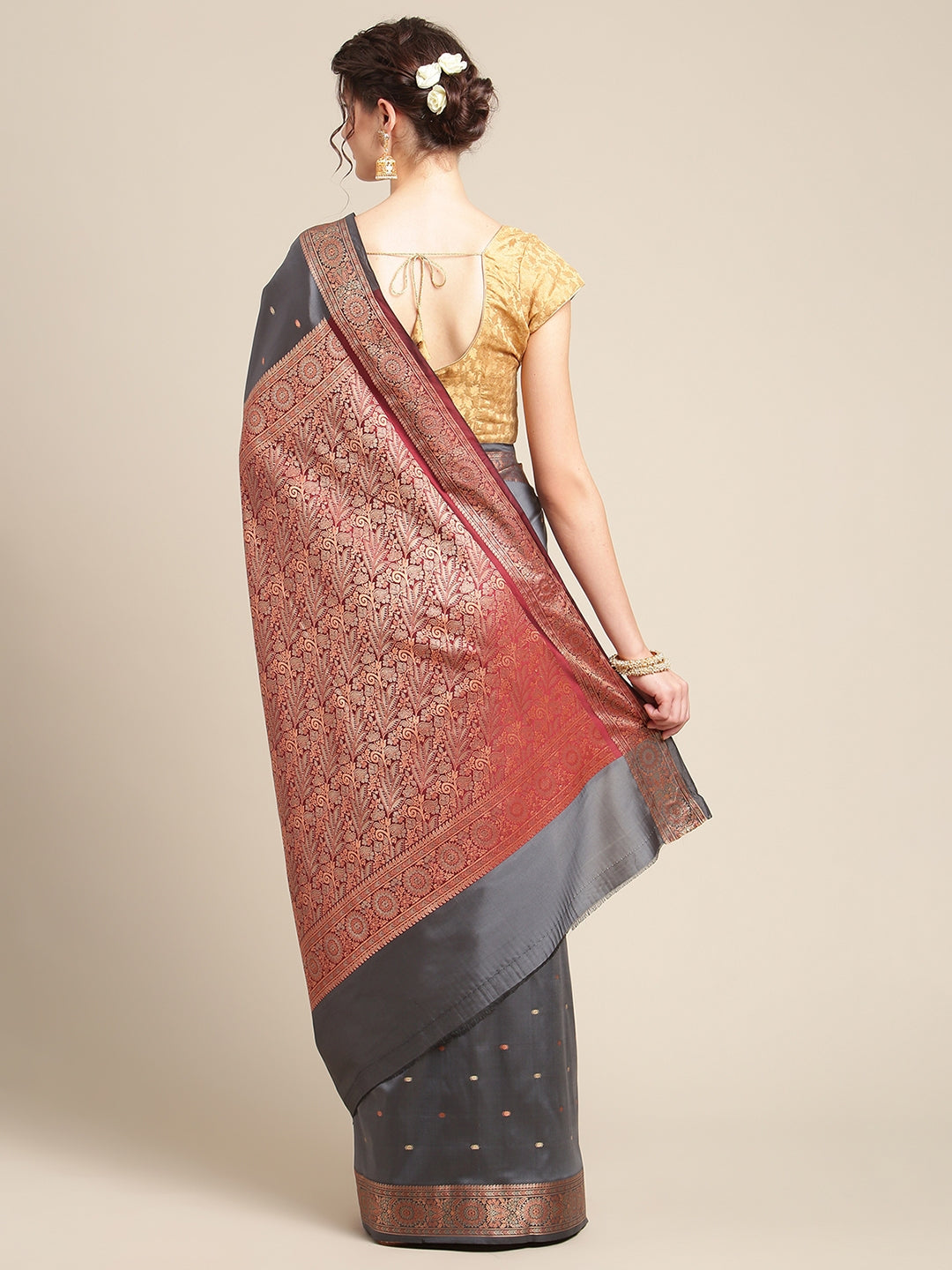 Faishana Handwoven Grey Valkalam Katan Silk Booti Border With Maroon Blouse Banarasi Saree
