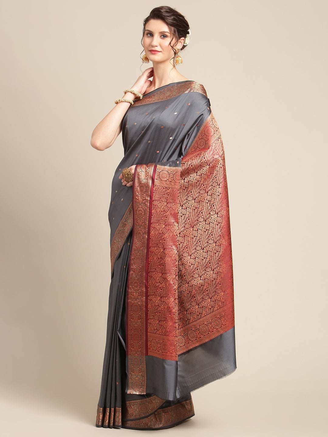 Faishana Handwoven Grey Valkalam Katan Silk Booti Border With Maroon Blouse Banarasi Saree