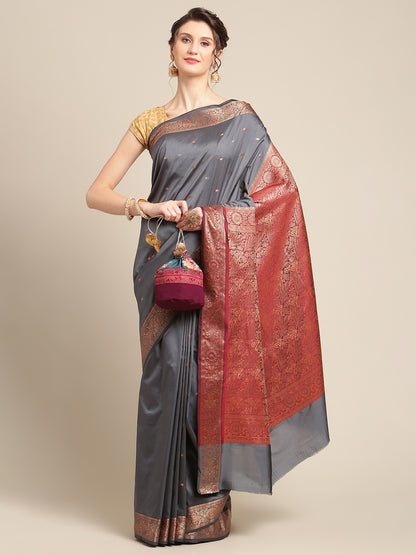 Faishana Handwoven Grey Valkalam Katan Silk Booti Border With Maroon Blouse Banarasi Saree