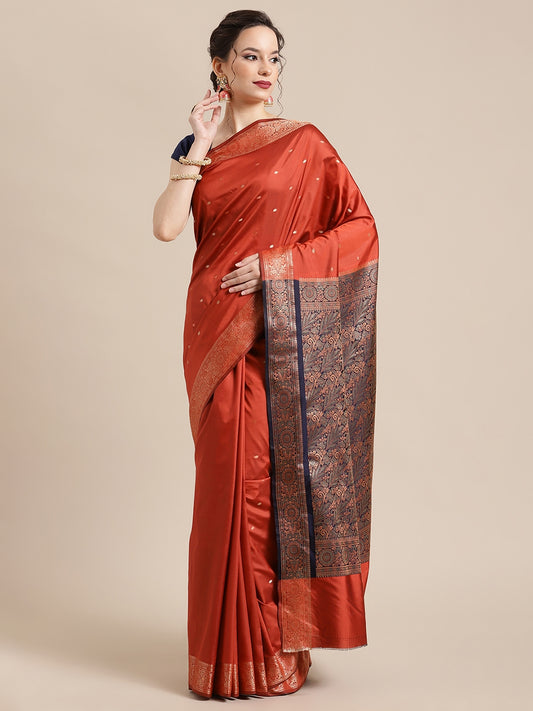 Faishana Handwoven Rust Valkalam Katan Silk Booti Border With Navy Blue Blouse Banarasi Saree