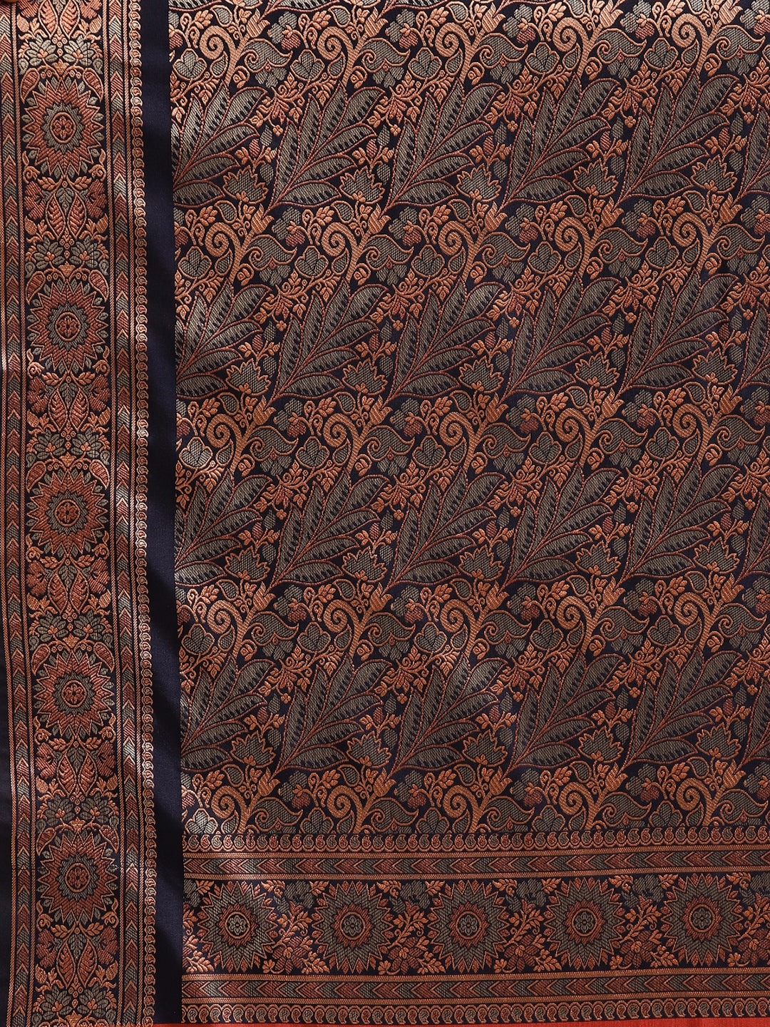 Faishana Handwoven Rust Valkalam Katan Silk Booti Border With Navy Blue Blouse Banarasi Saree