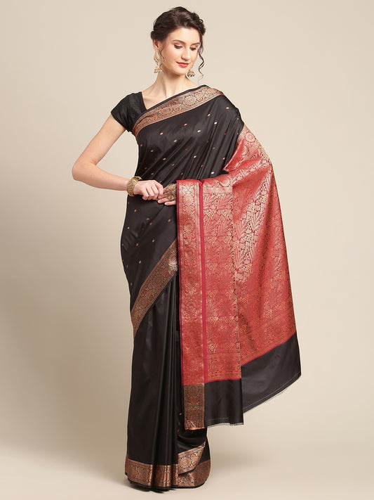 Faishana Handwoven Black Valkalam Katan Silk Booti Border With Maroon Blouse Banarasi Saree