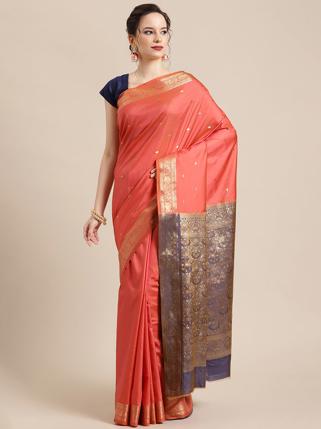 Faishana Handwoven Gajri Valkalam Katan Silk Booti Zari Border With Grey Blouse Banarasi Saree